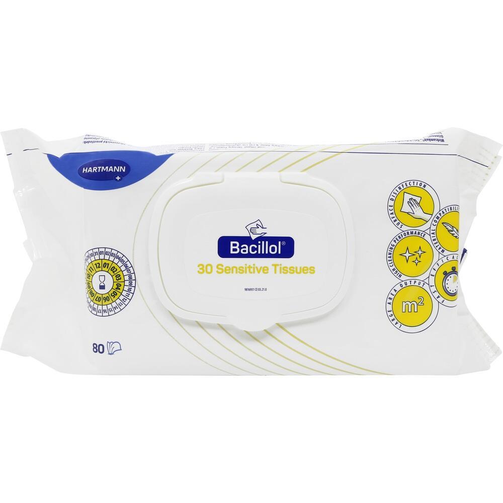 Eine Packung Bacillol-Reinigungst&uuml;cher mit 80 T&uuml;chern f&uuml;r empfindliche Fl&auml;chen.