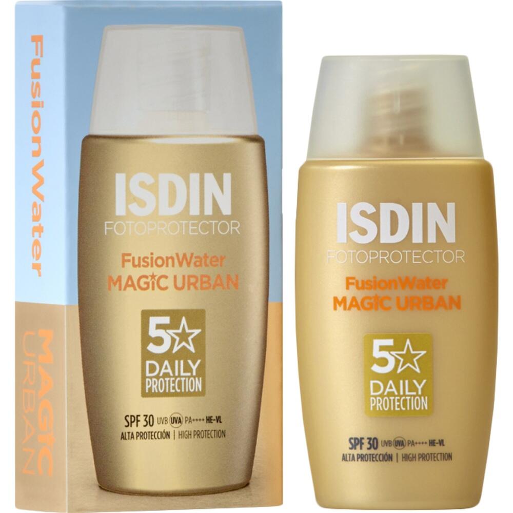 Verpackung von ISDIN Sonnencreme mit der Aufschrift "Fusion Water Urban".