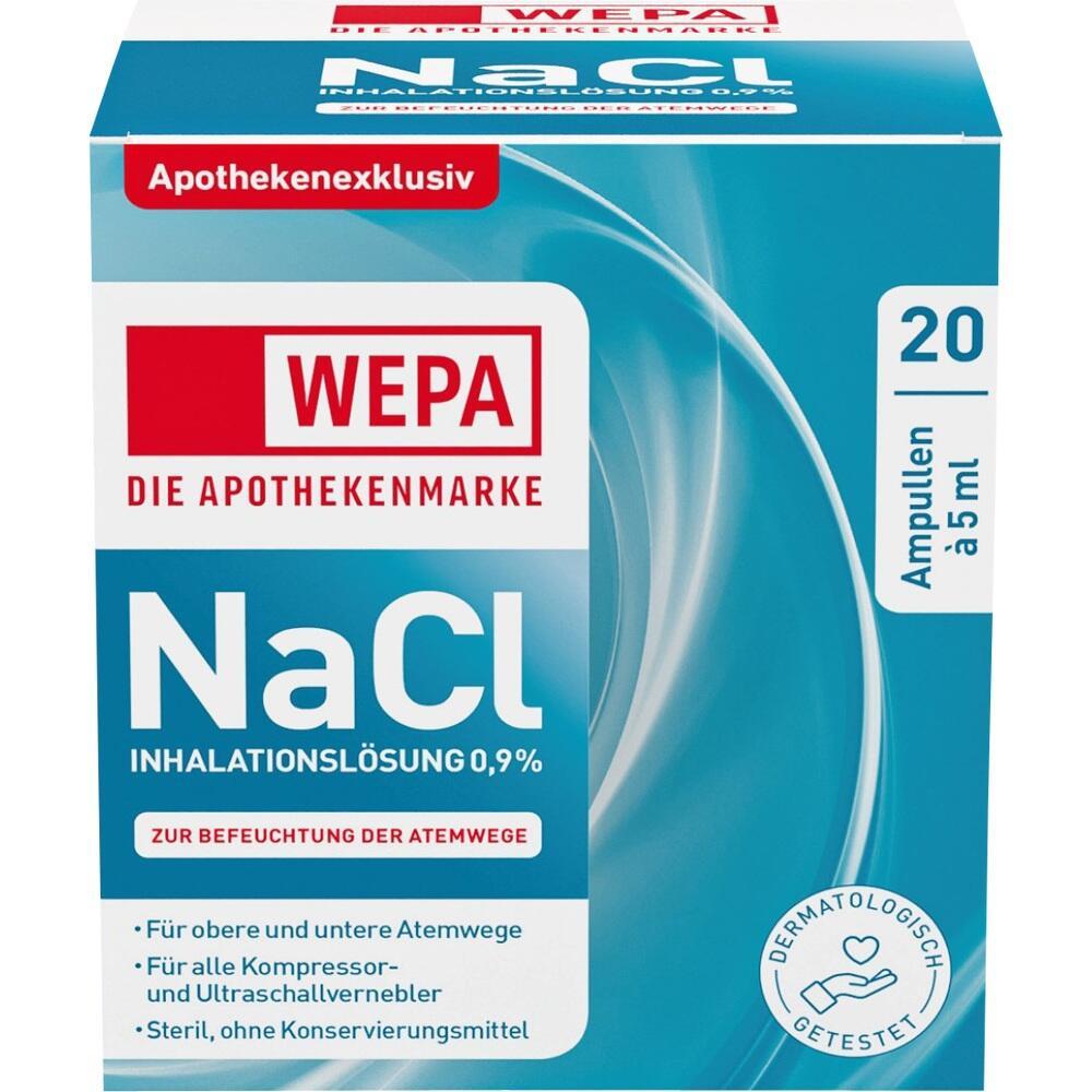 Eine Packung mit 20 Ampullen NaCl-Inhalationslösung 0,9% für die Atemwege.