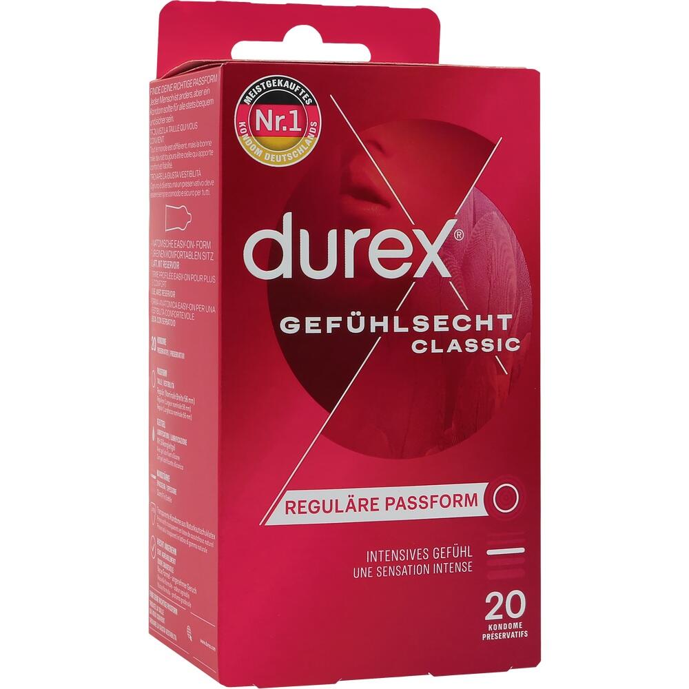 Rote Verpackung von Durex-Kondomen mit der Aufschrift "Gefühlsecht Classic".