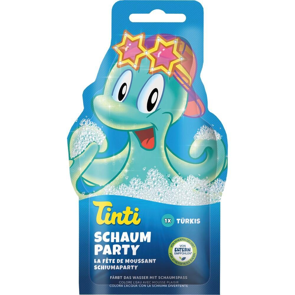 Ein fröhlicher, türkiser Oktopus mit Sternbrille spielt in Schaum.