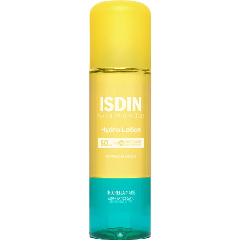 Grüne Flasche mit Sonnencreme von ISDIN, Lichtschutzfaktor 50.