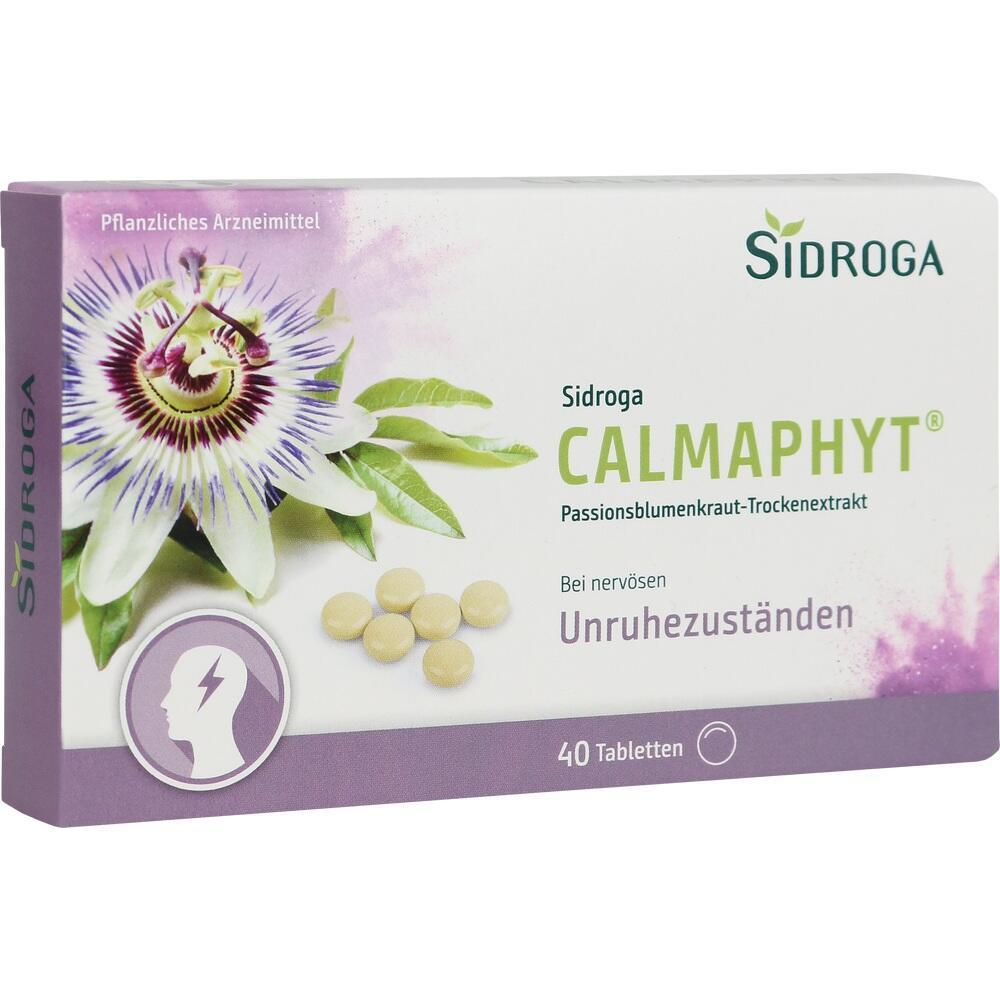 Eine Packung mit Tabletten gegen nervöse Unruhe mit Passionsblume auf der Vorderseite.