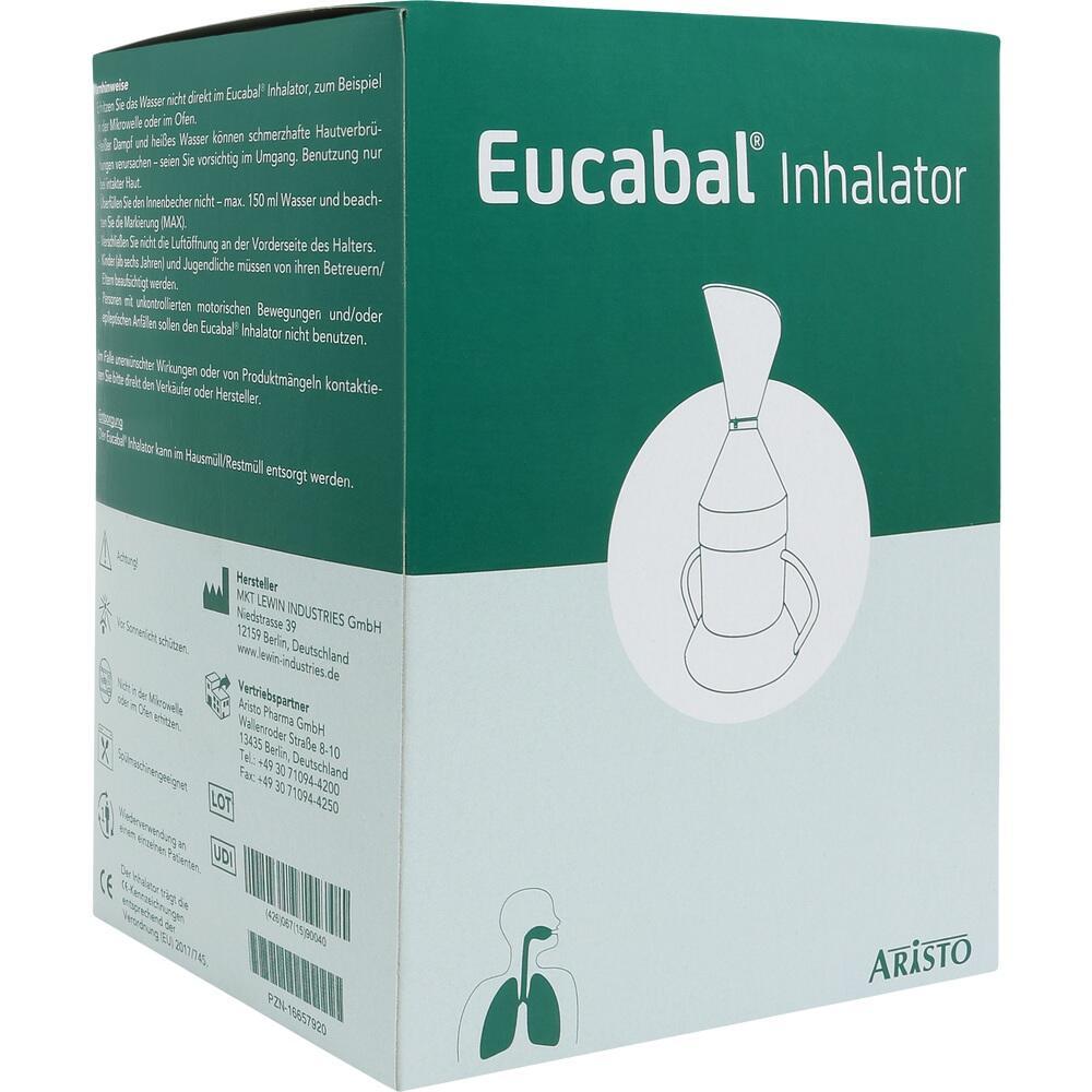 Grüne Verpackung mit Text "Eucabal Inhalator" und Zeichnung eines Inhalators.