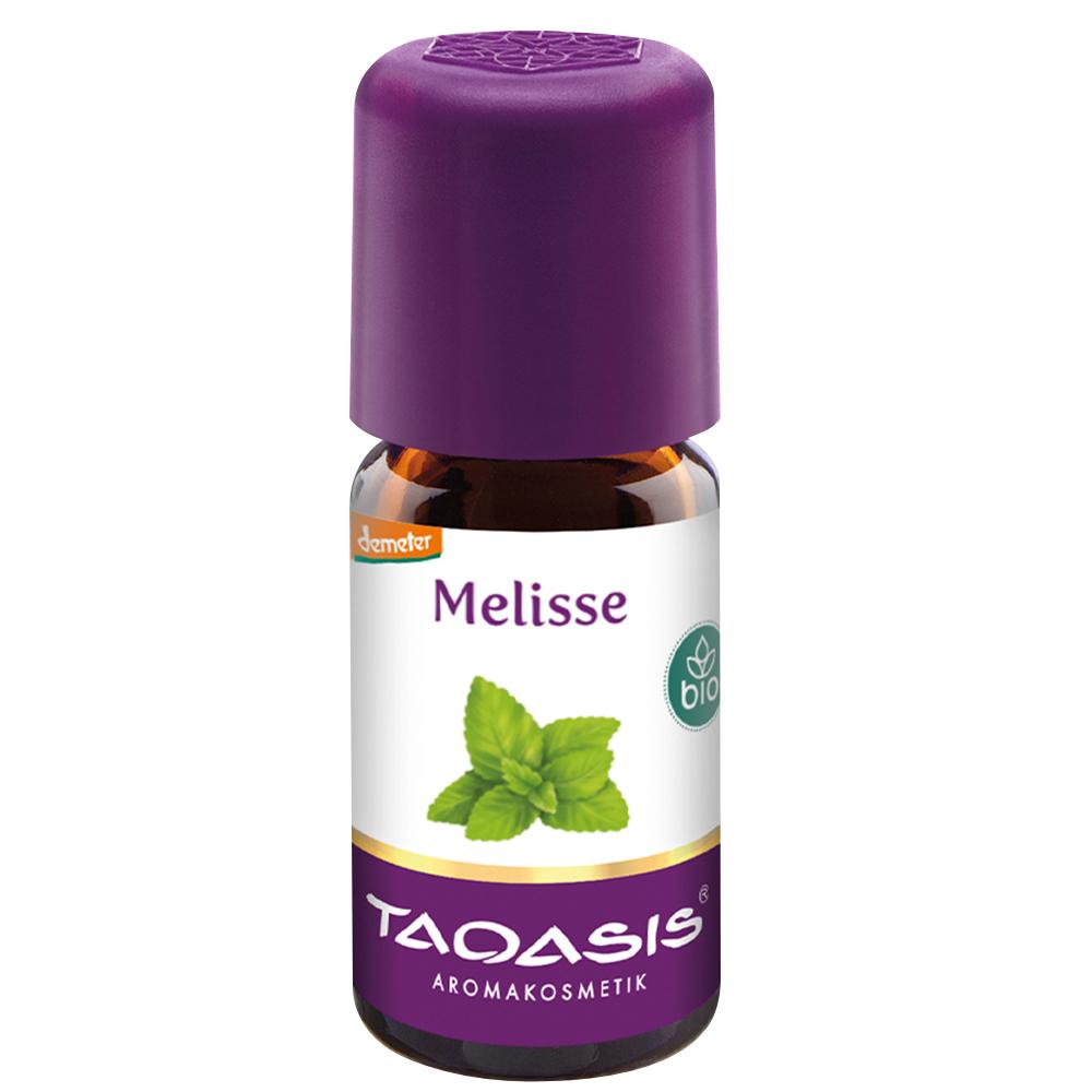 Braunes Fläschchen mit violettem Deckel, Aufschrift "Melisse" und grünem Blattbild.