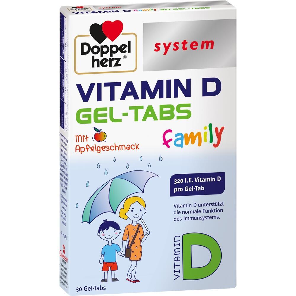 Packung mit Vitamin-D-Gel-Tabs mit Apfelgeschmack für Familien.