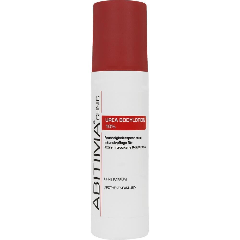 Weiße Lotionflasche mit rotem Deckel und dem Text "Urea Bodylotion 10%".
