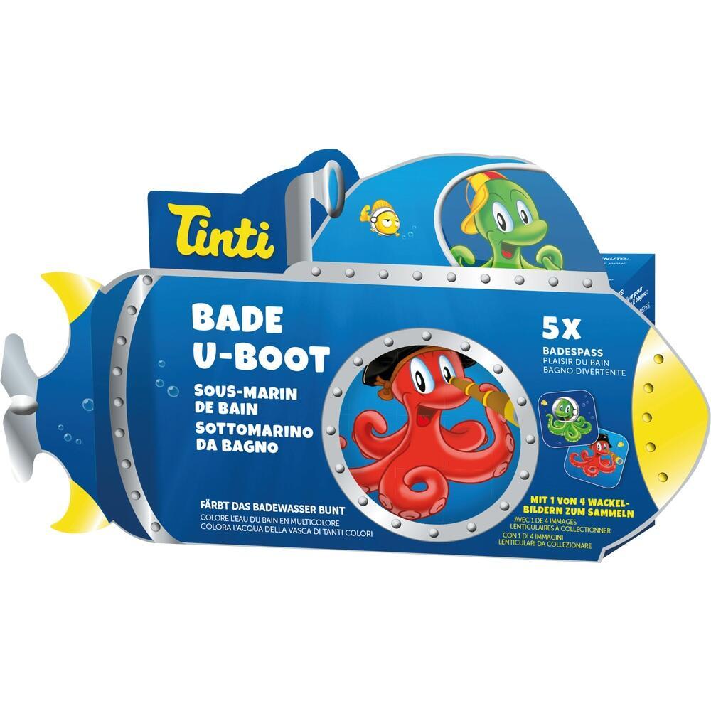 Verpackung von Tinti Bade-U-Boot mit lachenden Tintenfischen in einem blauen Design.