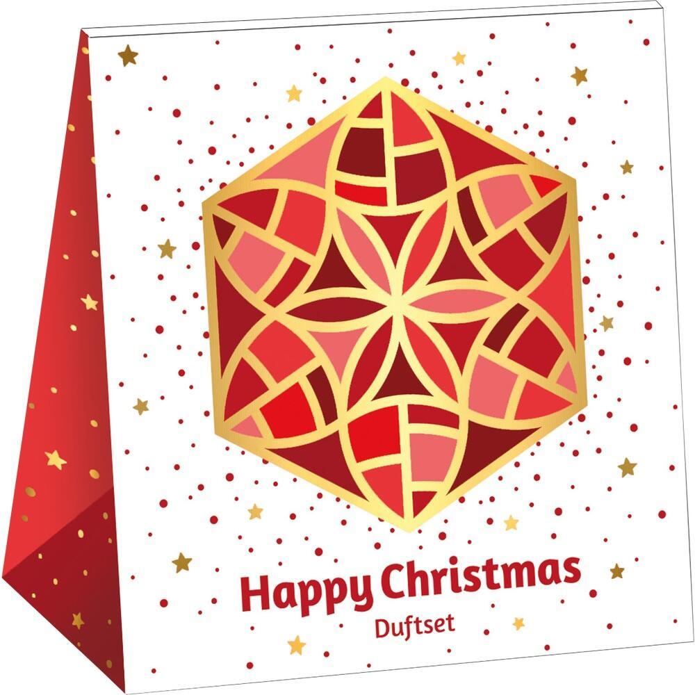 Rote und goldene Weihnachtskarte mit Muster und "Happy Christmas Duftset"-Text.