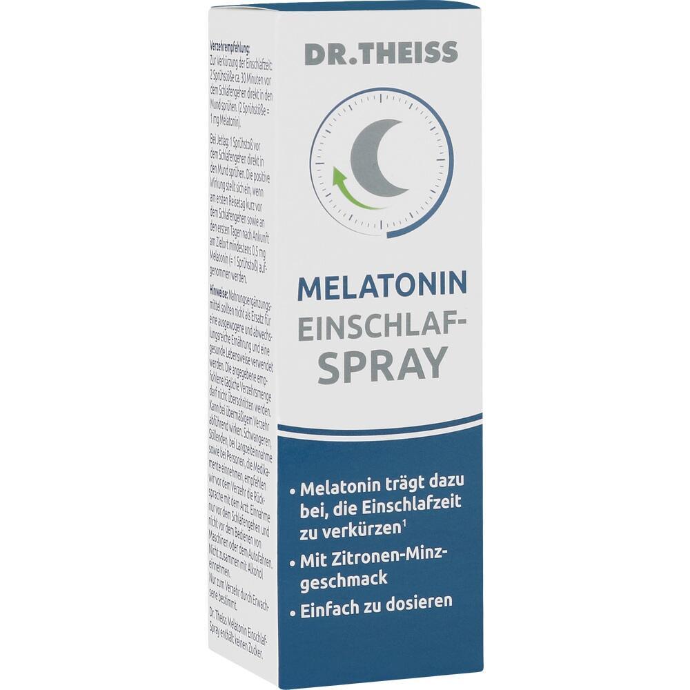 Spray-Verpackung mit der Aufschrift "Melatonin Einschlafspray" und Mond-Symbol.