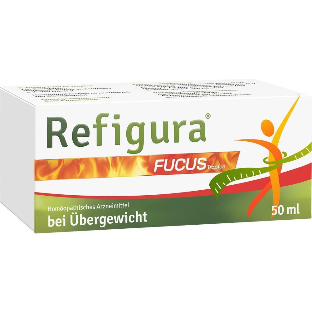 Eine Packung homöopathischer Tropfen namens Refigura gegen Übergewicht.