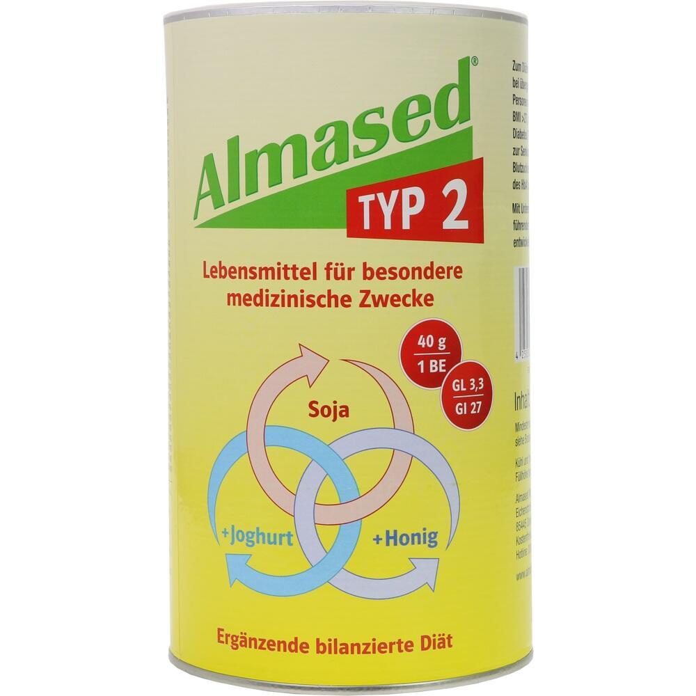Eine Dose mit Almased Typ 2 Nahrungsergänzungsmittel für medizinische Zwecke.