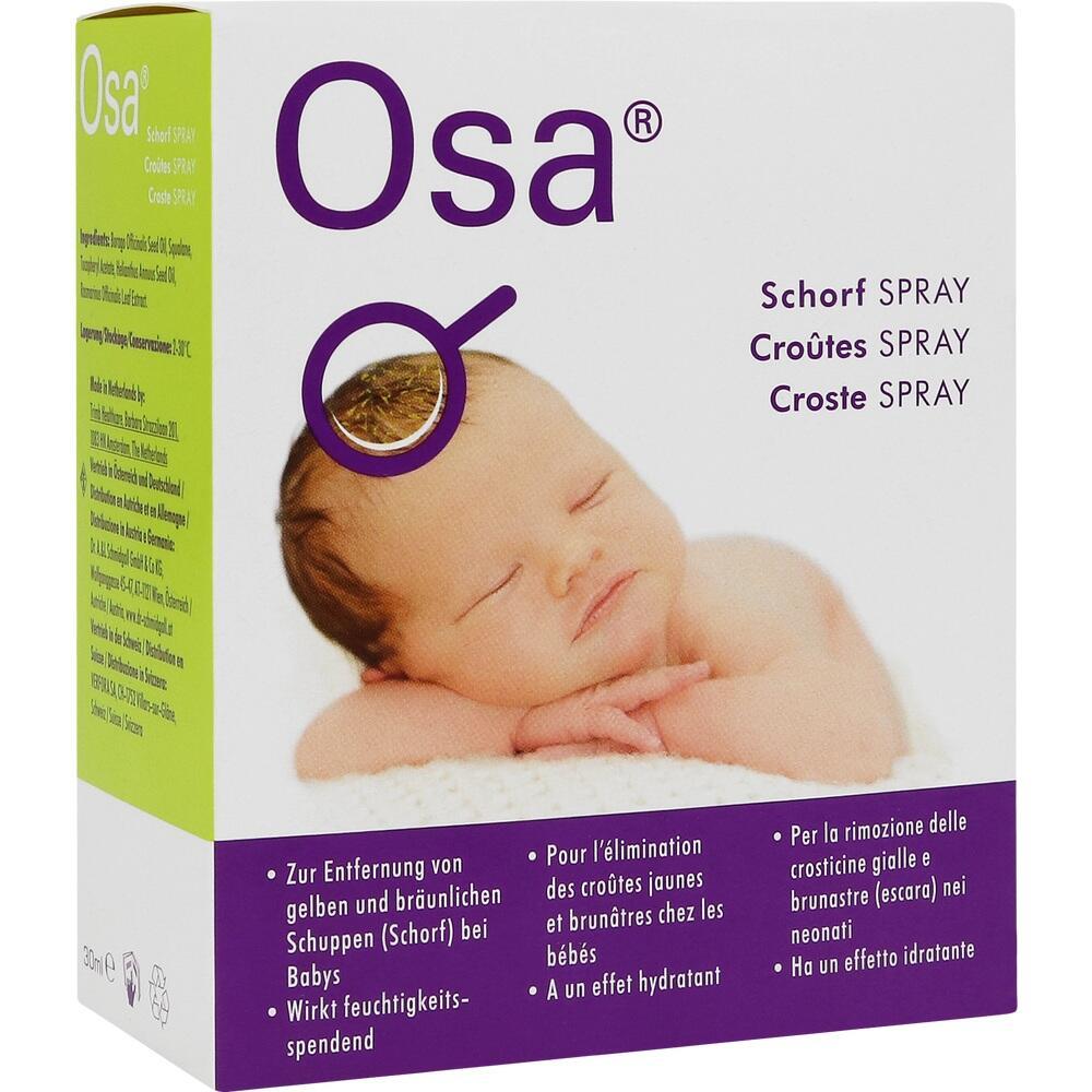 Eine Verpackung f&uuml;r ein Baby-Spray gegen Kopfhautkrusten, zeigt ein schlafendes Baby.