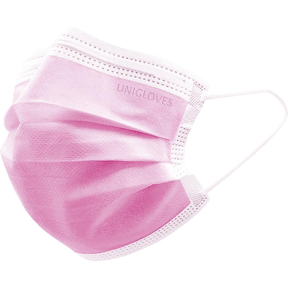 Eine pinkfarbene Gesichtsmaske mit Ohrschlaufen.