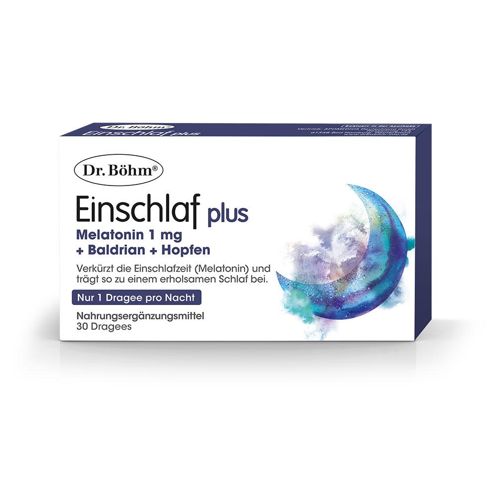 Eine Packung Dr. Böhm Einschlaf plus mit Melatonin und Kräutern zur Schlafunterstützung.