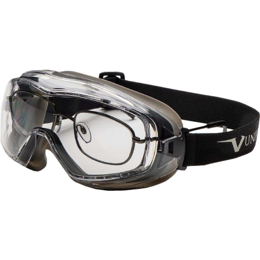 Schutzbrille mit klarem Glas und schwarzem verstellbarem Band.