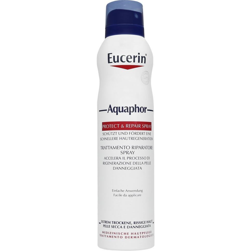 Eine weiße Sprühdose von Eucerin mit der Aufschrift "Aquaphor Protect & Repair".