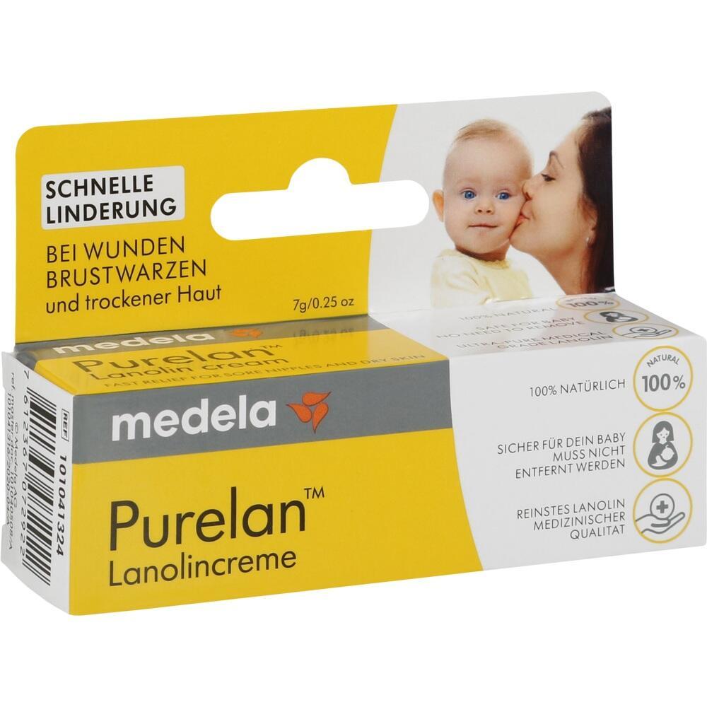 Gelbe Verpackung von Purelan Lanolincreme für wunde Brustwarzen und trockene Haut.
