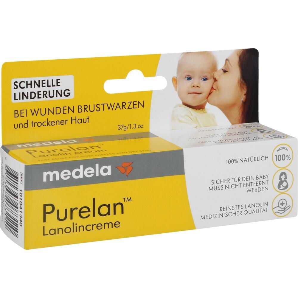 Gelbe Verpackung mit Lanolincreme für stillende Mütter zur Pflege wunden Brustwarzen.