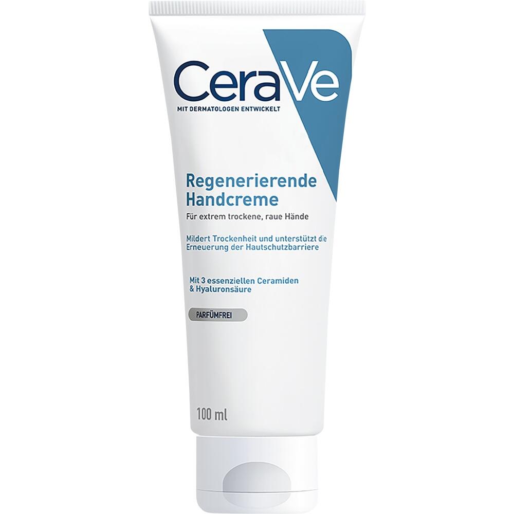 Weiße Tube CeraVe Handcreme für trockene, raue Hände, ohne Duftstoffe.