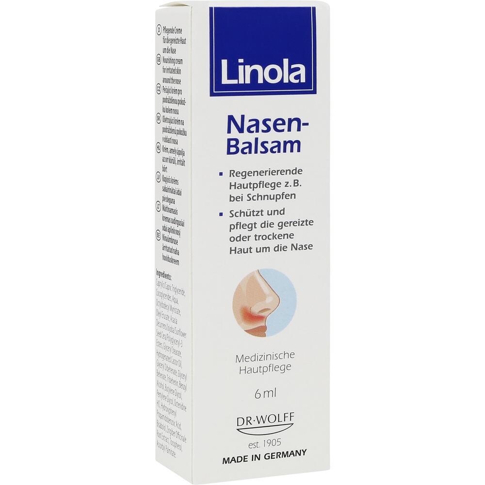 Eine Schachtel Nasen-Balsam der Marke Linola für gereizte Haut.