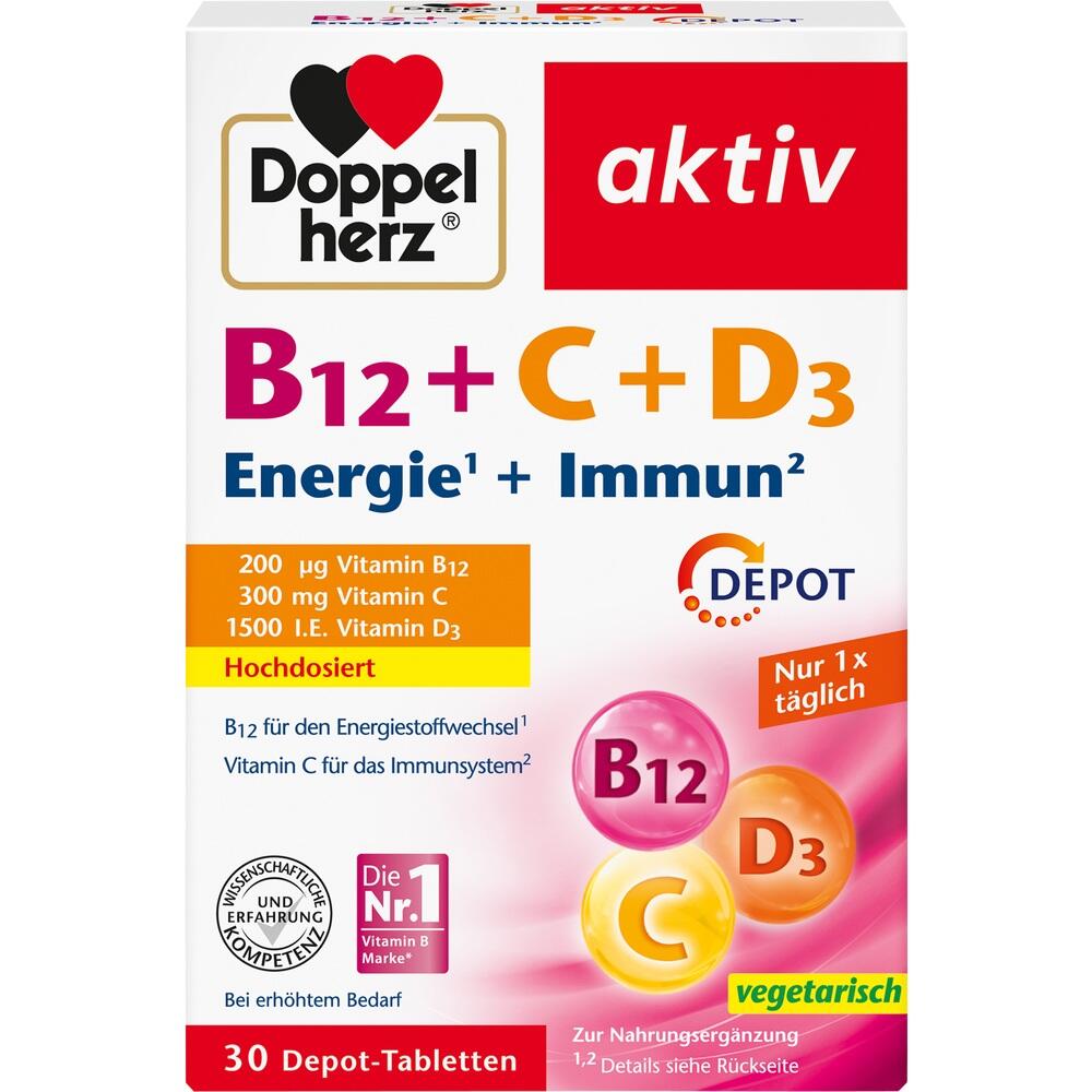Verpackung von Vitamin-Tabletten mit B12, C und D3 für Energie und Immunsystem.
