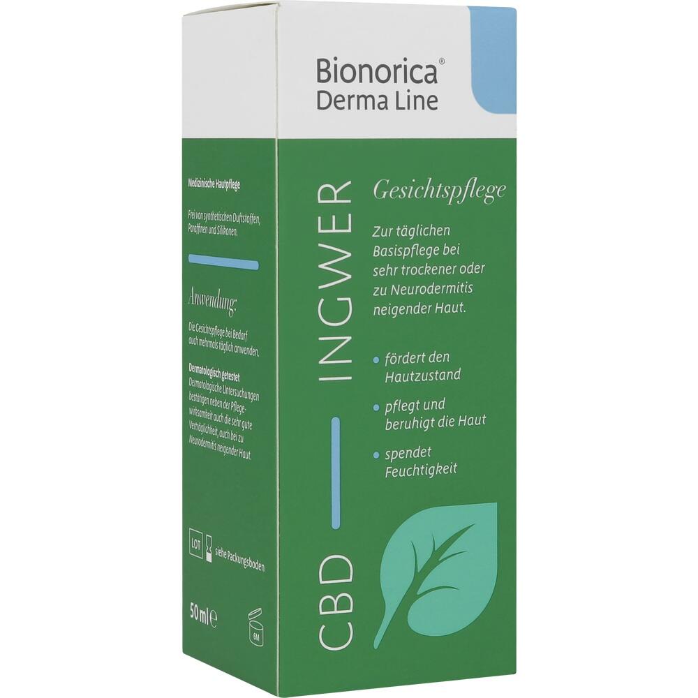 Ein grüner Karton mit der Aufschrift "Bionorica Derma Line" und "Ingwer Gesichtspflege".