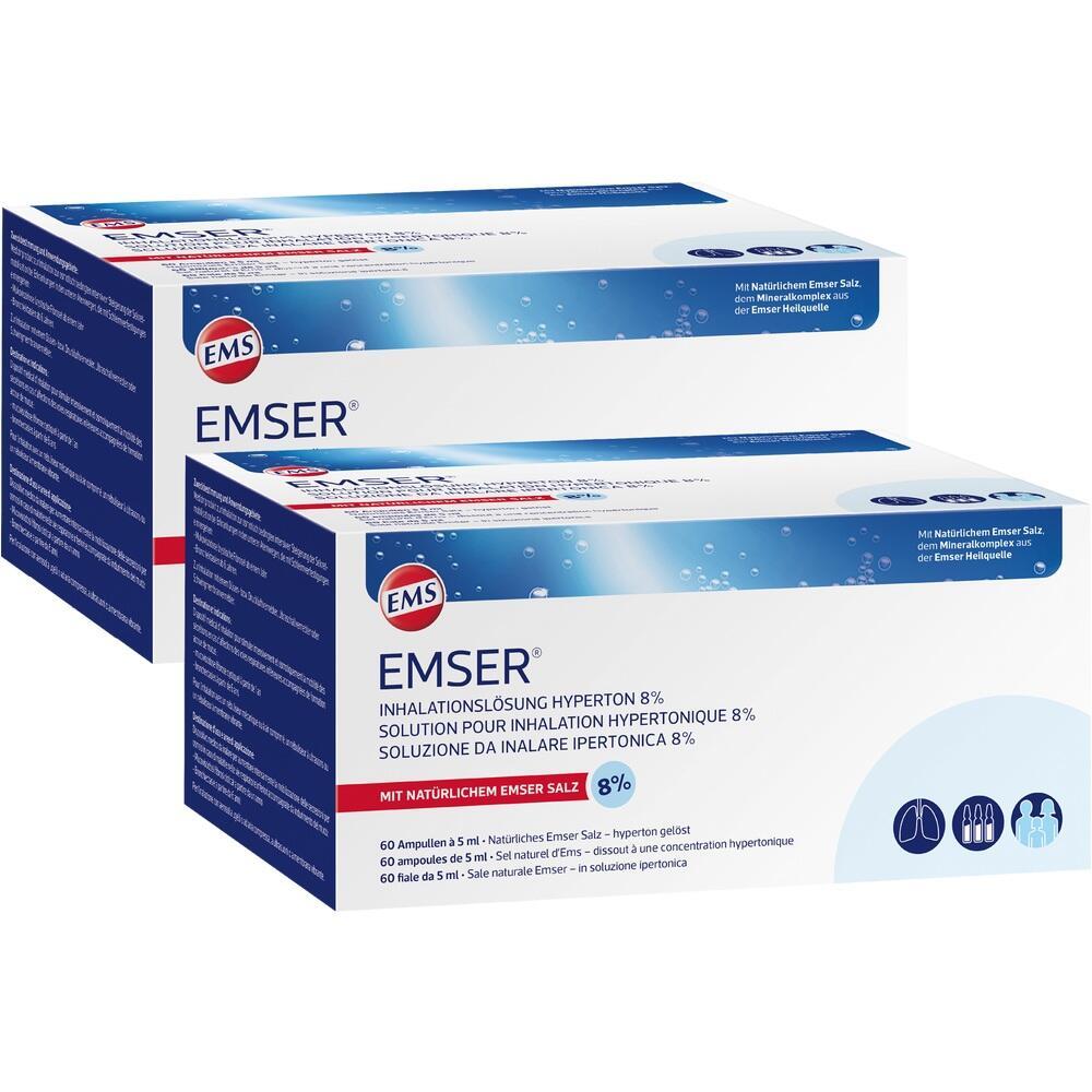 Zwei Kartons mit Inhalationslösung der Marke Emser stehen nebeneinander.