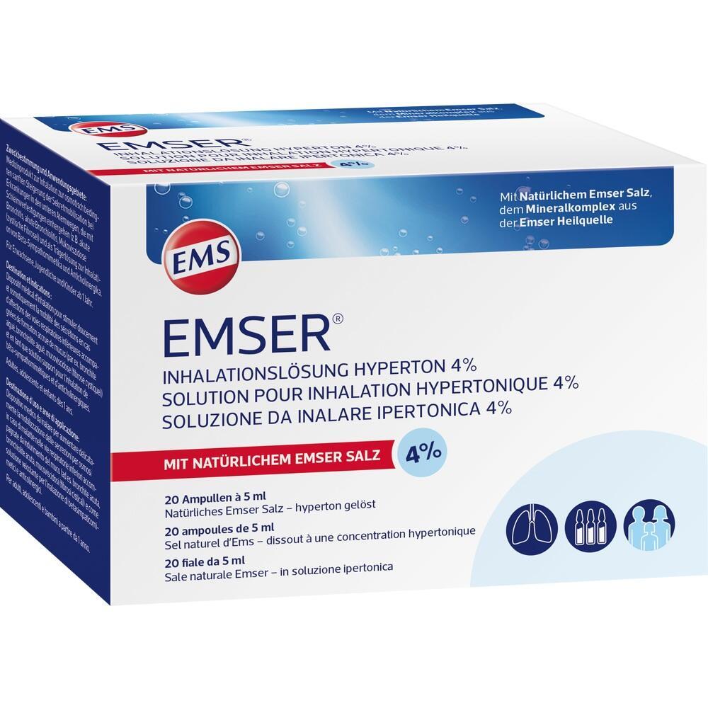 Eine Schachtel Emser Inhalationslösung für Atemwegstherapien mit 4% Salzkonzentration.