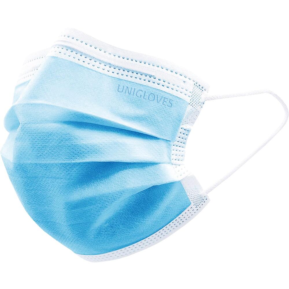 Eine blaue Einweg-Gesichtsmaske mit Ohrschlaufen.