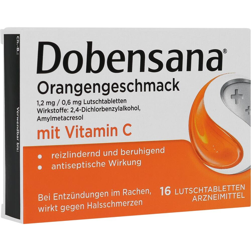 Packung mit Dobensana-Lutschtabletten im Orangengeschmack und Vitamin C.
