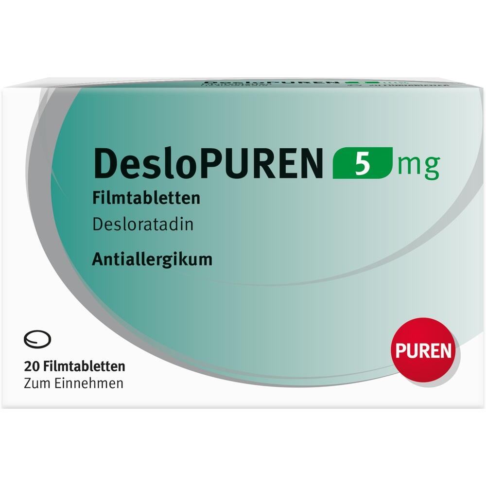 Eine Packung DesloPuren-Tabletten gegen Allergien.