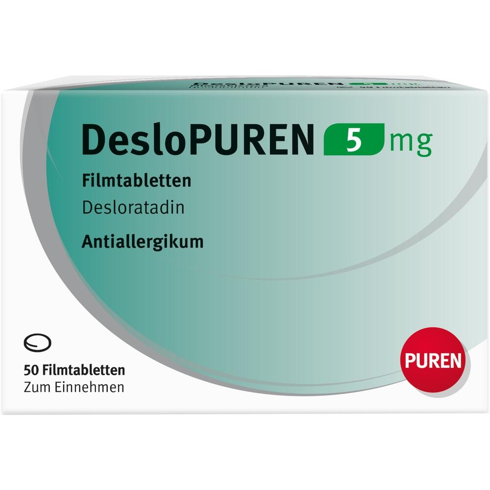 Verpackung einer Allergietablette mit der Aufschrift "DesloPuren 5 mg".