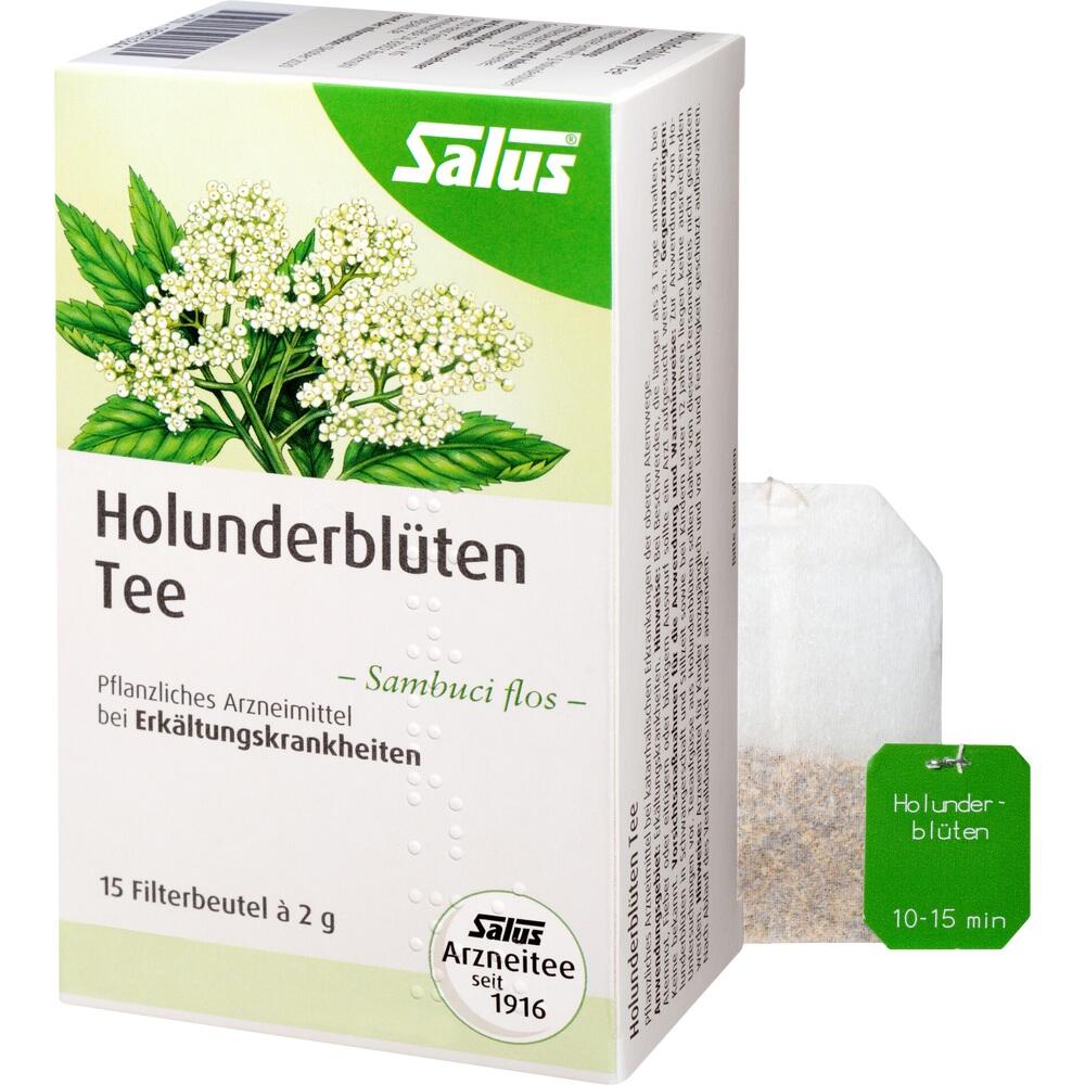 Eine Packung Holunderblütentee steht neben einem Teebeutel.