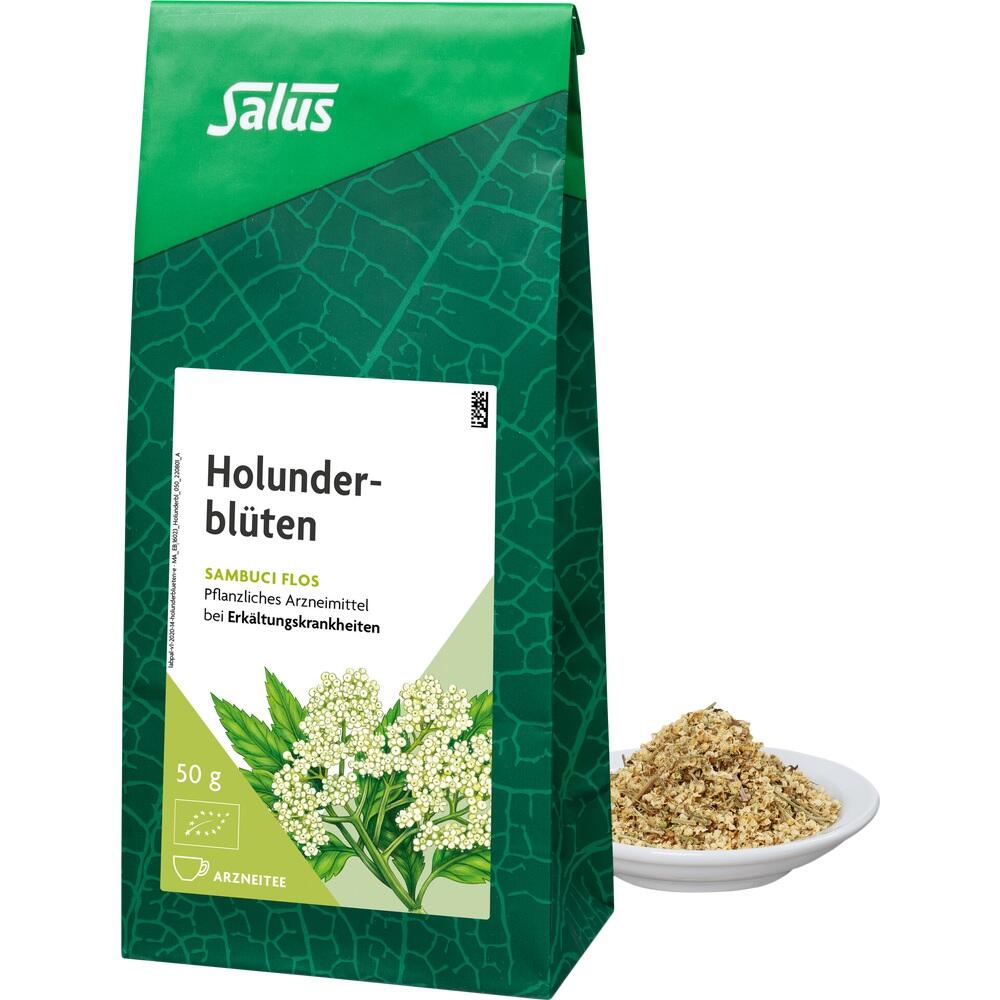 Grüne Packung mit Holunderblüten-Tee neben einer Schale mit getrockneten Blüten.