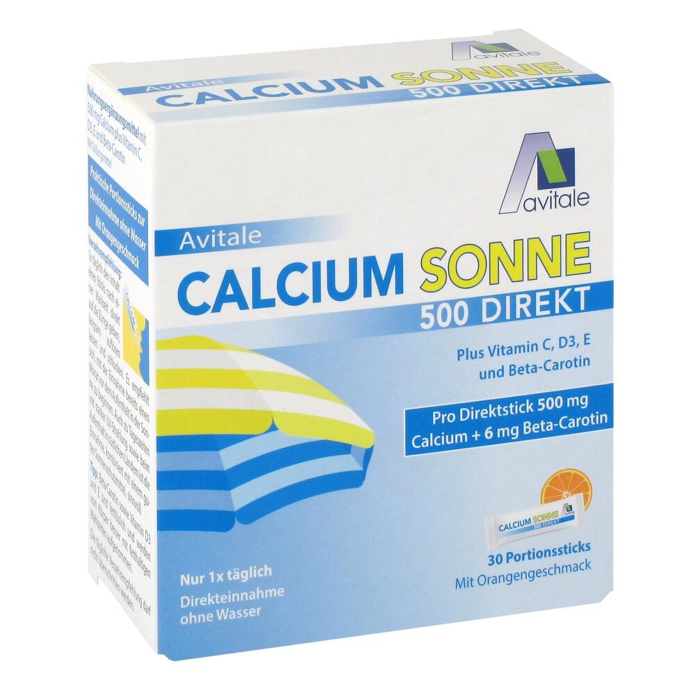 Weiße Packung mit blauer und gelber Aufschrift für Calcium-Supplement mit Orangen-Geschmack.