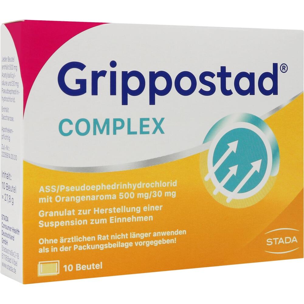 Verpackung von Grippostad Complex mit Orangenaroma zur Erkältungsbehandlung.