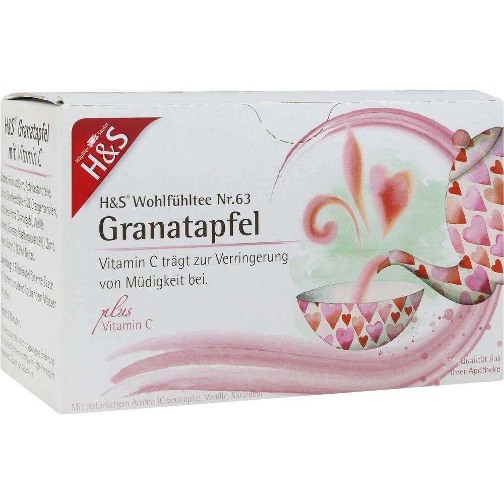 Teepackung mit Granatapfel und Vitamin C gegen Müdigkeit.