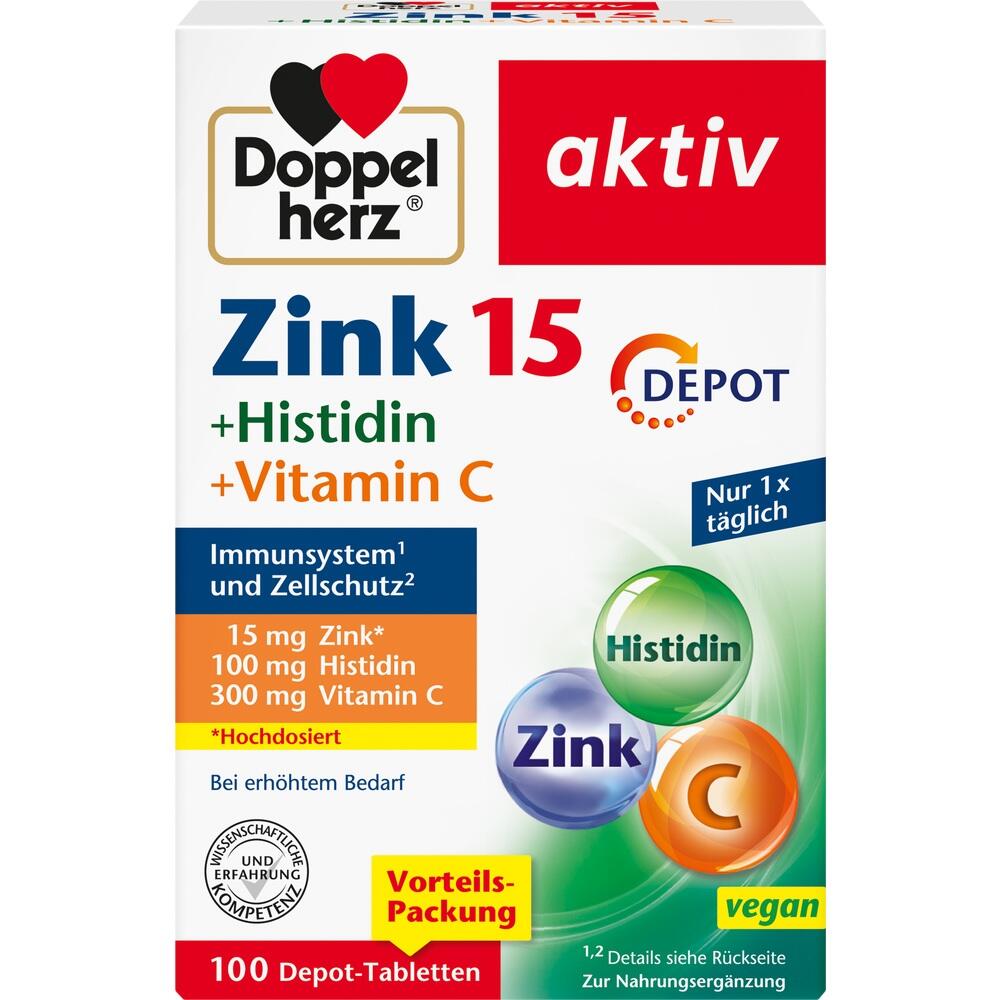 Eine Packung Nahrungsergänzungsmittel mit Zink, Histidin und Vitamin C.