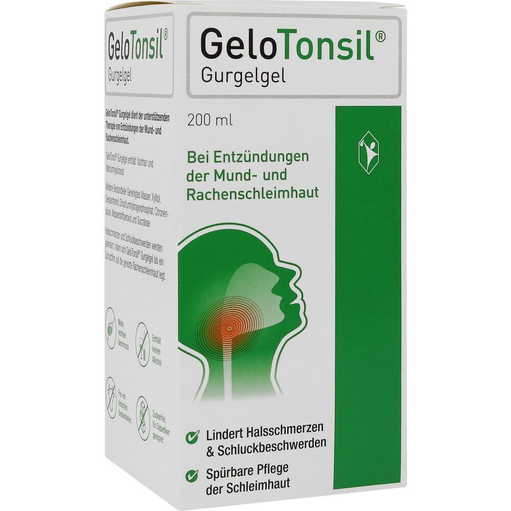 Eine Packung Gurgelgel gegen Halsentz&uuml;ndungen mit gr&uuml;nem und wei&szlig;em Design.