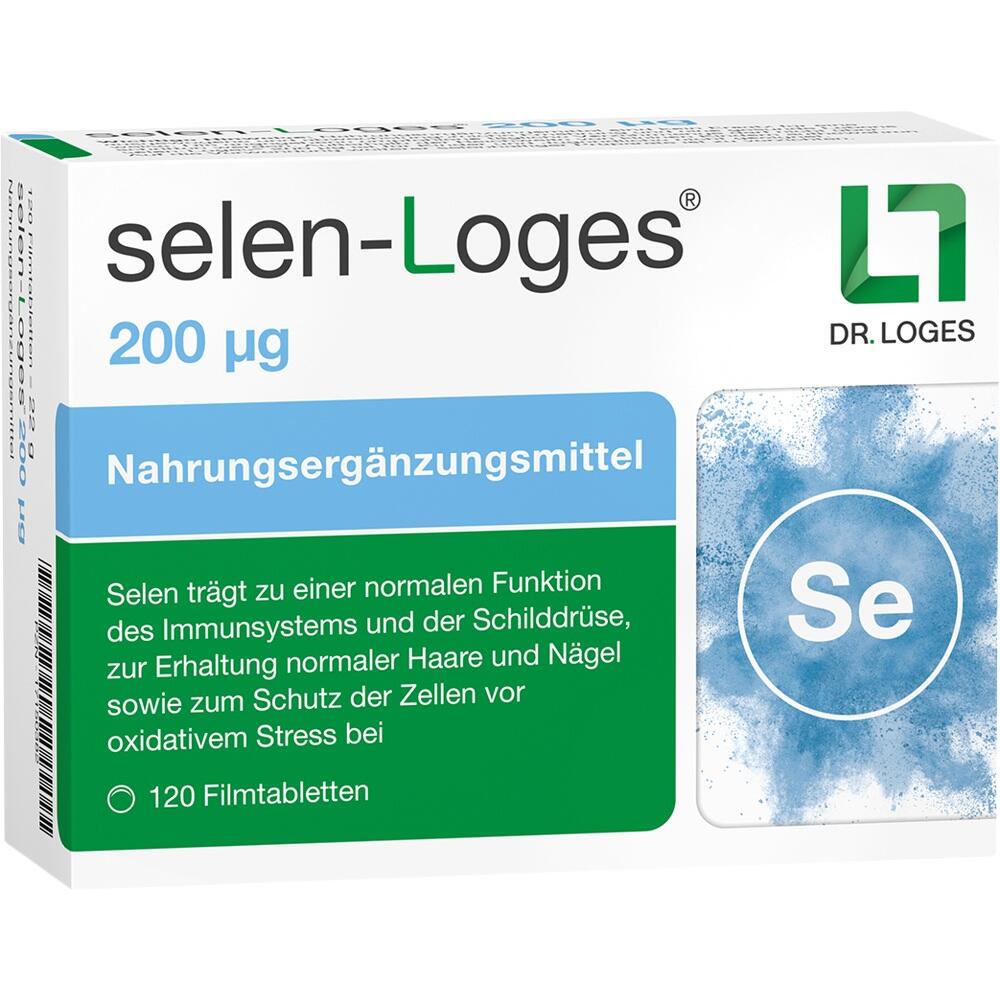 Weiße Packung mit Aufschrift "selen-Loges", Nahrungsergänzungsmittel mit 200 µg Selen.