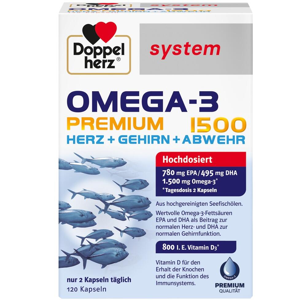 Weiße Verpackung von Omega-3-Kapseln mit Fischabbildungen und Dosierungsangaben.