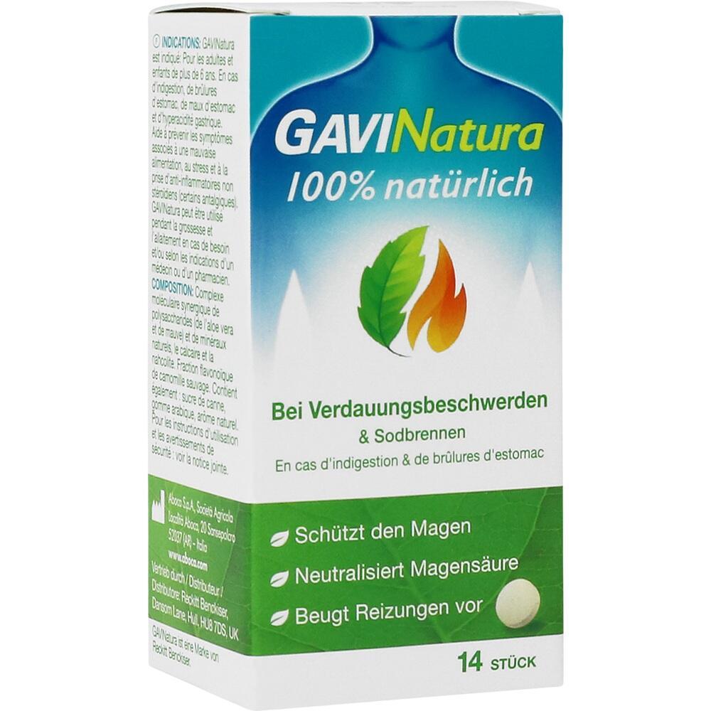 Eine Packung GaviNatura-Tabletten gegen Verdauungsbeschwerden und Sodbrennen.