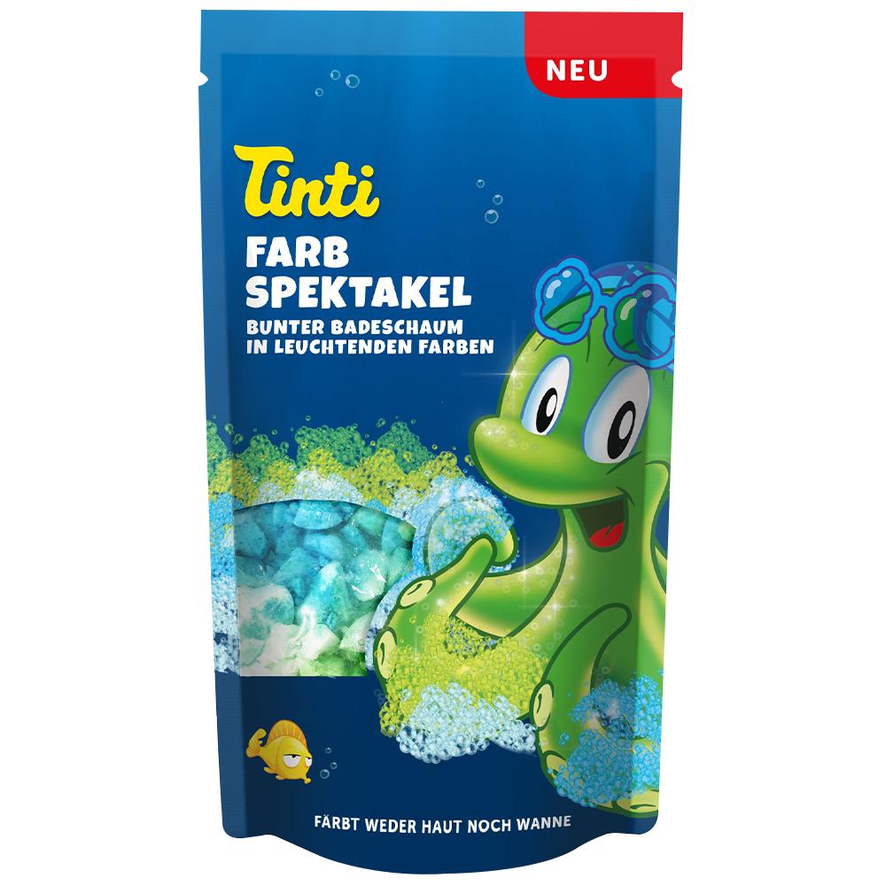 Bunte Badeschaum-Verpackung mit lächelndem, grünen Oktopus.