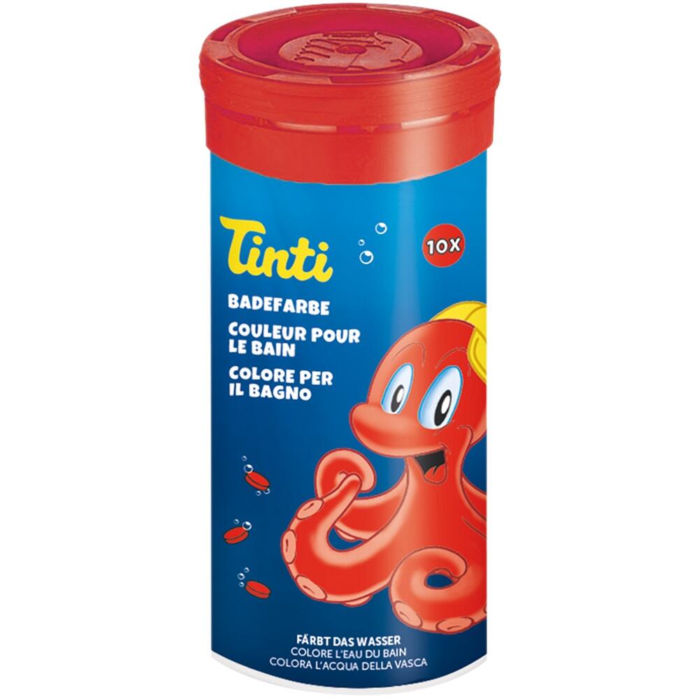 Eine Dose Badefarbe mit einem fröhlichen, roten Oktopus auf der Verpackung.