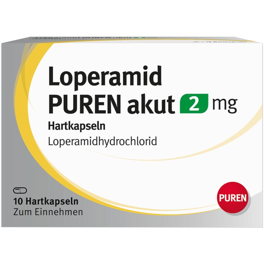 Packung von Loperamid PUREN akut 2 mg Hartkapseln gegen Durchfall.