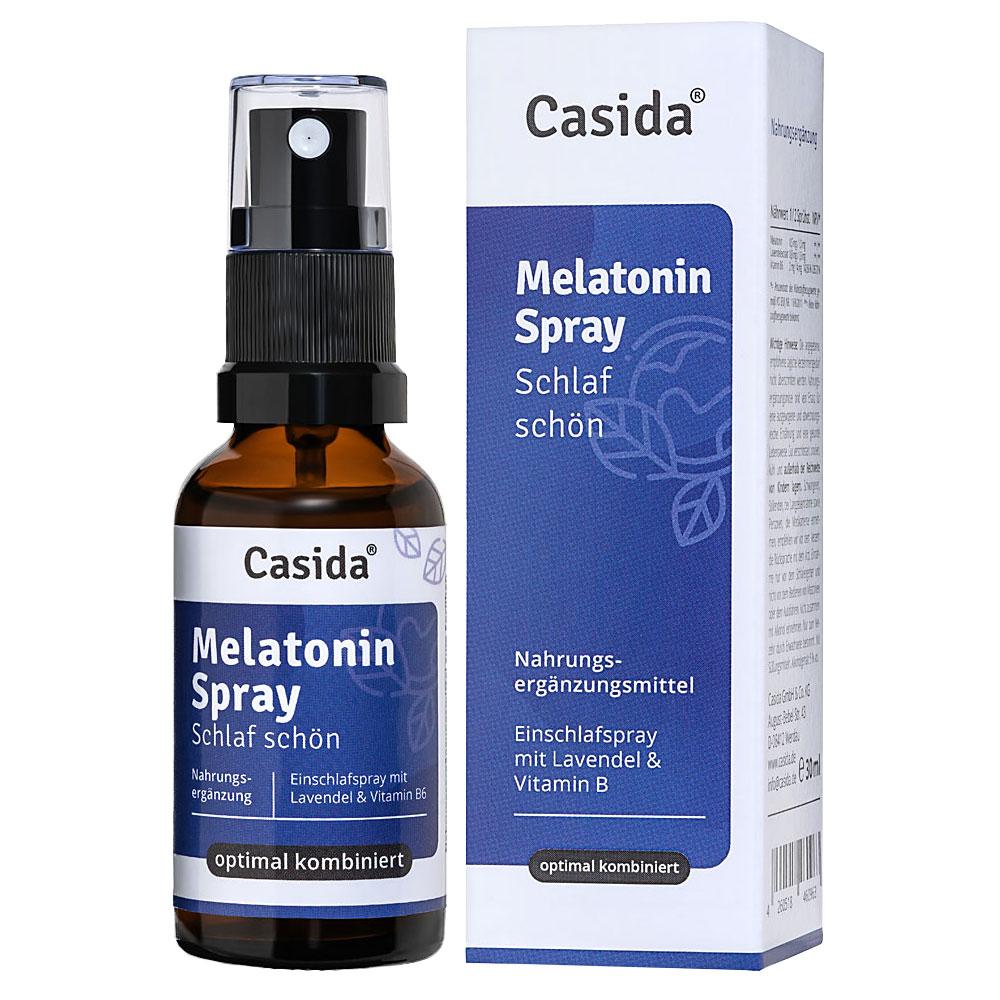 Braunes Sprayfl&auml;schchen und blaue Verpackung mit der Aufschrift "Melatonin Spray".