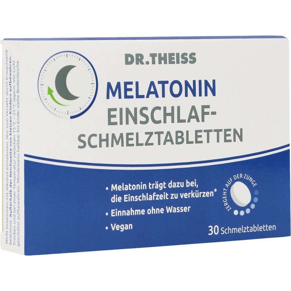 Eine Packung Melatonin-Schmelztabletten von Dr. Theiss zum besseren Einschlafen.