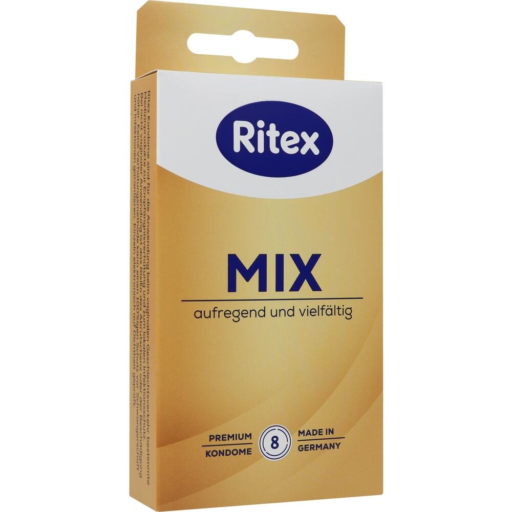 Verpackung f&uuml;r Ritex Kondome mit der Aufschrift "Mix" in gelber Farbe.