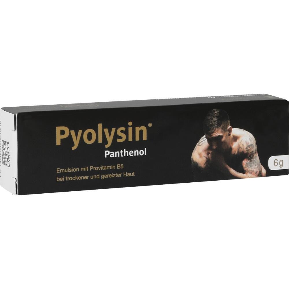 Schwarze Packung mit "Pyolysin Panthenol" und einem tätowierten Mann vorne.
